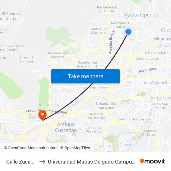 Calle Zacamil to Universidad Matias Delgado Campus II map