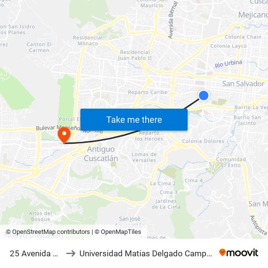 25 Avenida Sur to Universidad Matias Delgado Campus II map