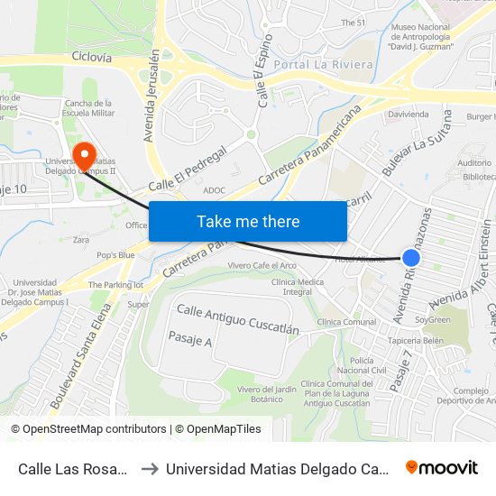 Calle Las Rosas, 18 to Universidad Matias Delgado Campus II map