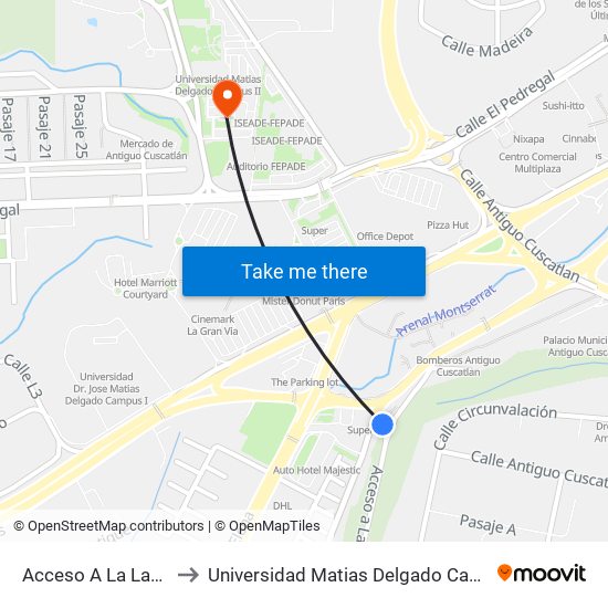 Acceso A La Laguna to Universidad Matias Delgado Campus II map