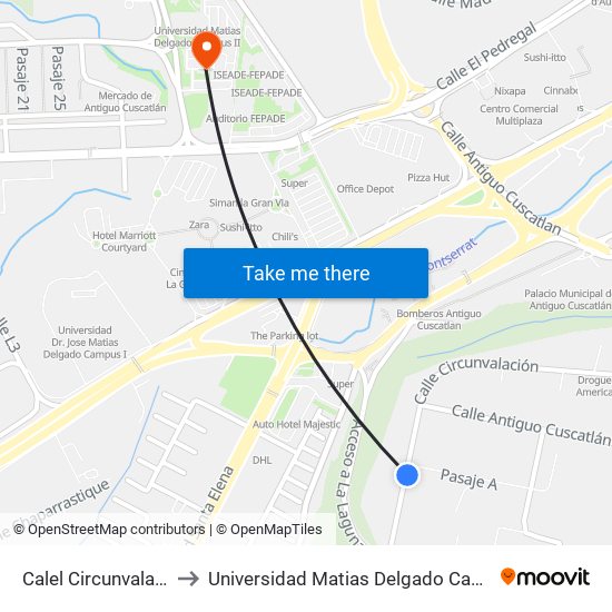 Calel Circunvalación to Universidad Matias Delgado Campus II map