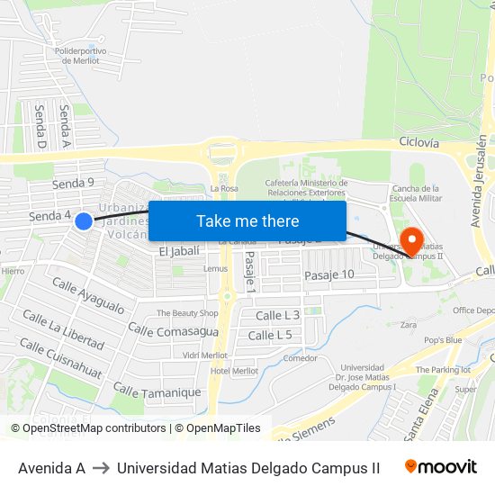 Avenida A to Universidad Matias Delgado Campus II map