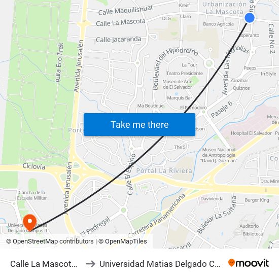 Calle La Mascota, 444 to Universidad Matias Delgado Campus II map