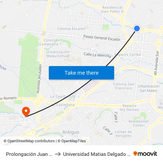 Prolongación Juan Pablo II to Universidad Matias Delgado Campus II map