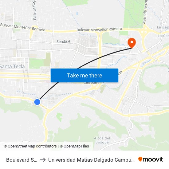 Boulevard Sur to Universidad Matias Delgado Campus II map