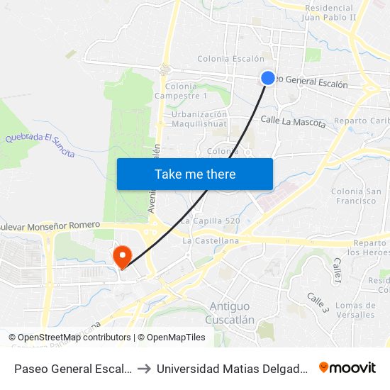 Paseo General Escalón, 4130 to Universidad Matias Delgado Campus II map