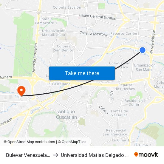 Bulevar Venezuela, 2965 to Universidad Matias Delgado Campus II map