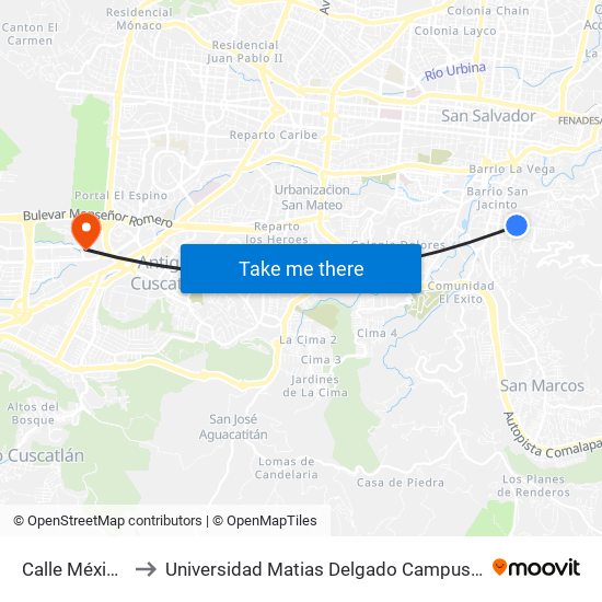 Calle México to Universidad Matias Delgado Campus II map