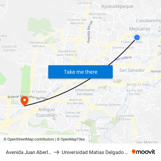 Avenida Juan Aberle 2031 to Universidad Matias Delgado Campus II map