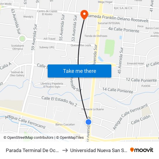 Parada Terminal De Occidente to Universidad Nueva San Salvador map