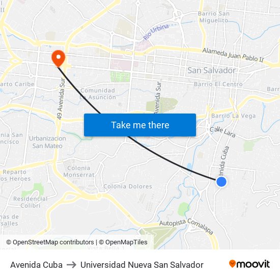 Avenida Cuba to Universidad Nueva San Salvador map