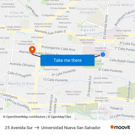 25 Avenida Sur to Universidad Nueva San Salvador map