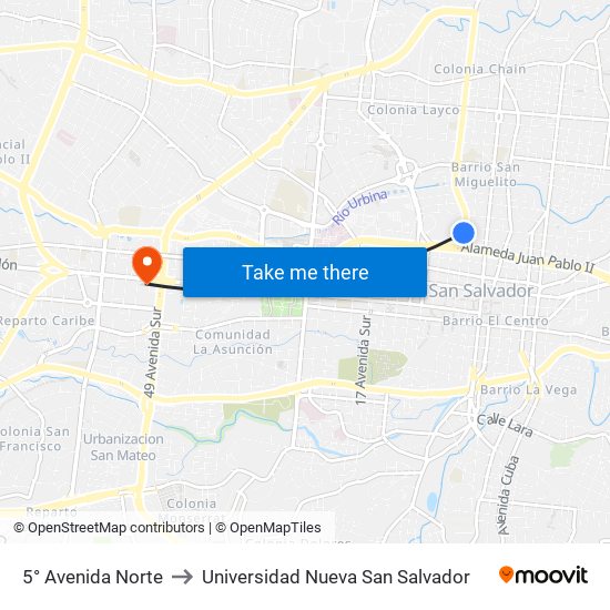 5° Avenida Norte to Universidad Nueva San Salvador map