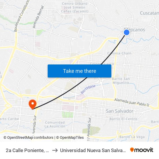 2a Calle Poniente, 18 to Universidad Nueva San Salvador map