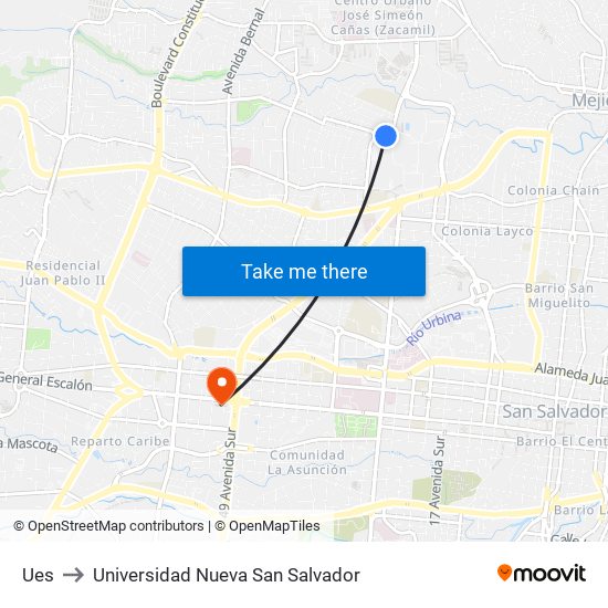 Ues to Universidad Nueva San Salvador map