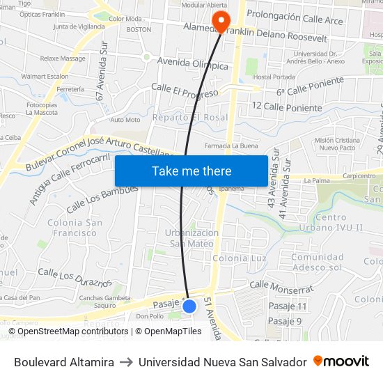 Boulevard Altamira to Universidad Nueva San Salvador map