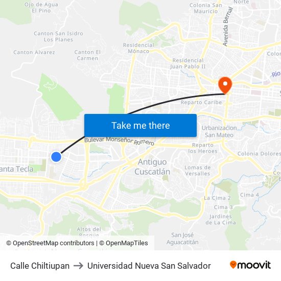 Calle Chiltiupan to Universidad Nueva San Salvador map