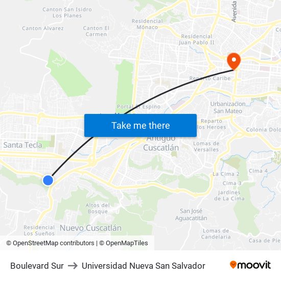 Boulevard Sur to Universidad Nueva San Salvador map