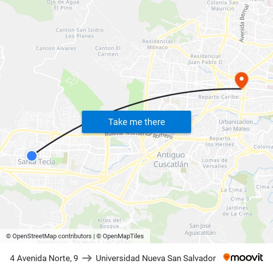 4 Avenida Norte, 9 to Universidad Nueva San Salvador map