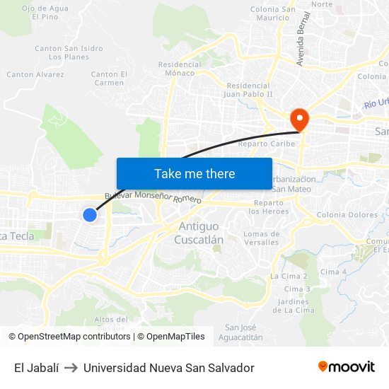 El Jabalí to Universidad Nueva San Salvador map