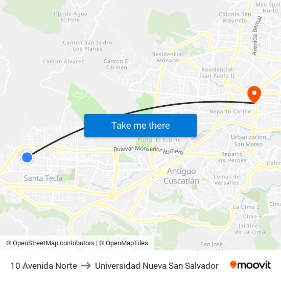 10 Avenida Norte to Universidad Nueva San Salvador map