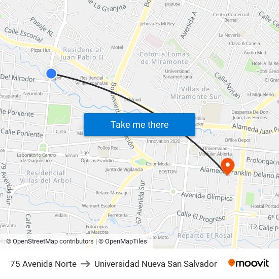 75 Avenida Norte to Universidad Nueva San Salvador map