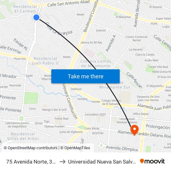 75 Avenida Norte, 3961 to Universidad Nueva San Salvador map