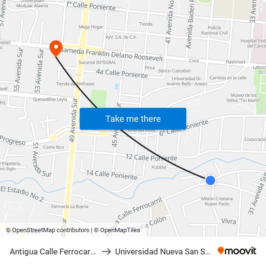 Antigua Calle Ferrocarril, 17b to Universidad Nueva San Salvador map