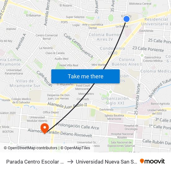 Parada Centro Escolar España to Universidad Nueva San Salvador map