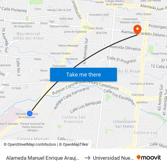 Alameda Manuel Enrique Araujo Frente Al Parque De Pelota to Universidad Nueva San Salvador map