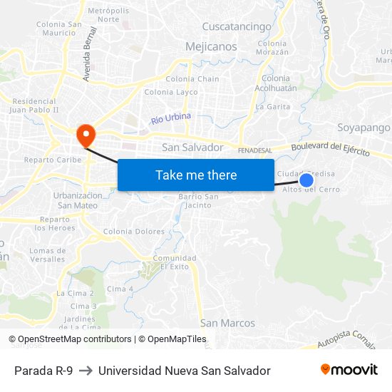 Parada R-9 to Universidad Nueva San Salvador map