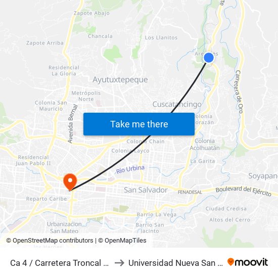 Ca 4 / Carretera Troncal Del Norte to Universidad Nueva San Salvador map