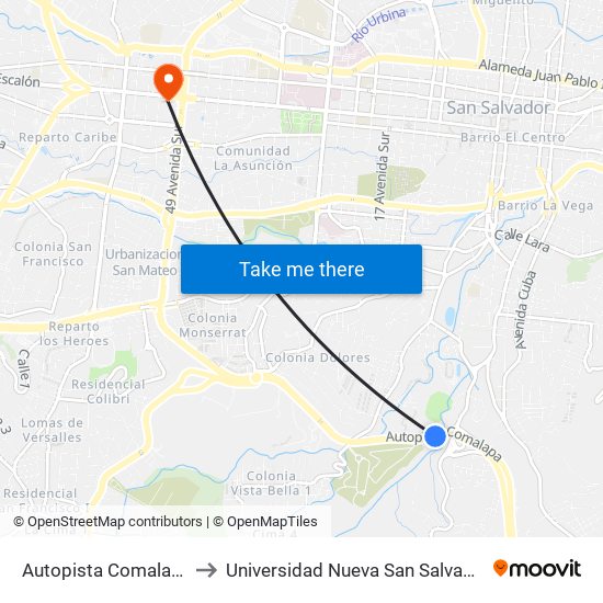 Autopista Comalapa to Universidad Nueva San Salvador map