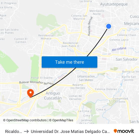 Ricaldone to Universidad Dr. Jose Matias Delgado Campus I map