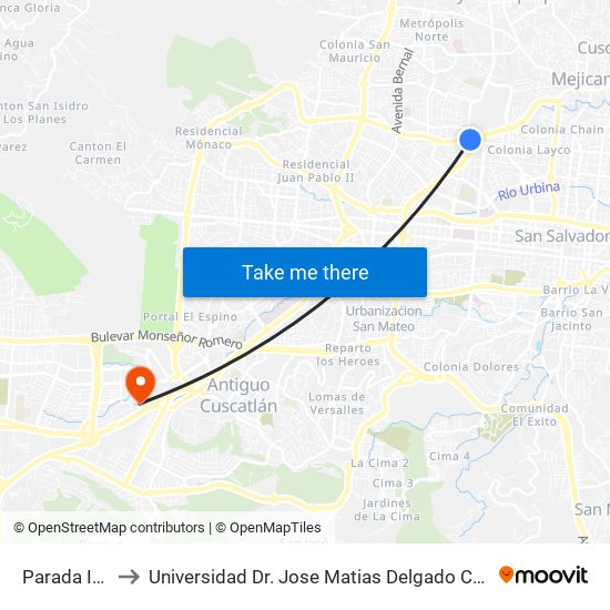 Parada Inac to Universidad Dr. Jose Matias Delgado Campus I map