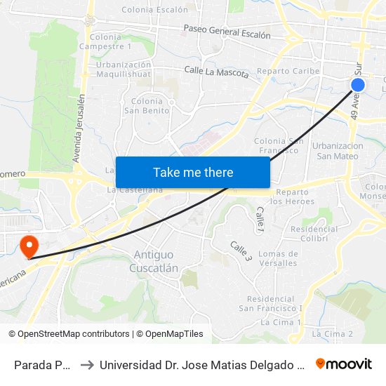 Parada Puma to Universidad Dr. Jose Matias Delgado Campus I map