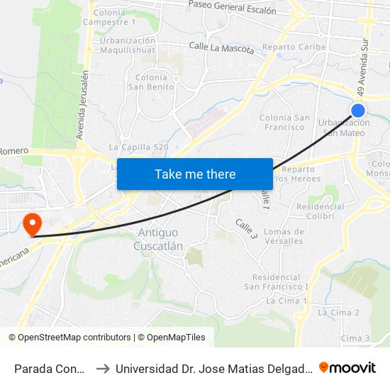 Parada Condomio to Universidad Dr. Jose Matias Delgado Campus I map