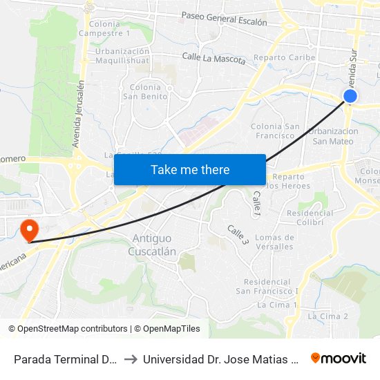 Parada Terminal De Occidente to Universidad Dr. Jose Matias Delgado Campus I map