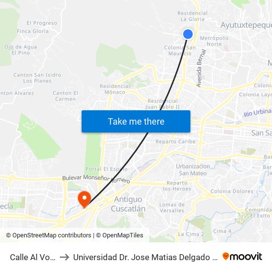 Calle Al Volcan to Universidad Dr. Jose Matias Delgado Campus I map