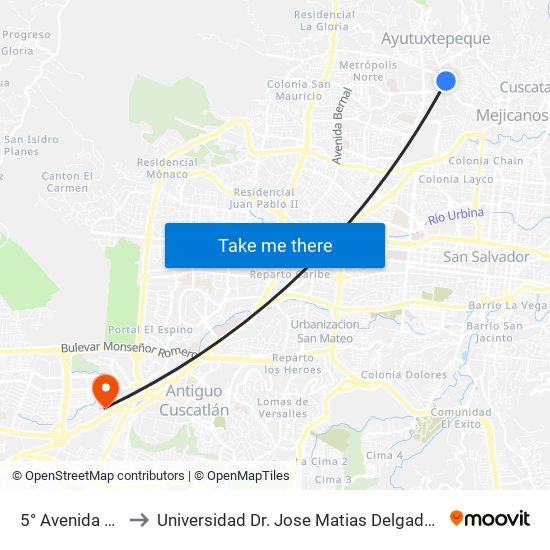 5° Avenida Norte to Universidad Dr. Jose Matias Delgado Campus I map