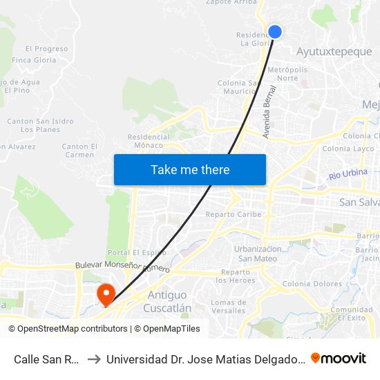 Calle San Roque to Universidad Dr. Jose Matias Delgado Campus I map