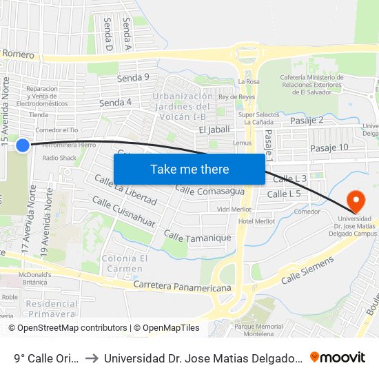 9° Calle Oriente to Universidad Dr. Jose Matias Delgado Campus I map