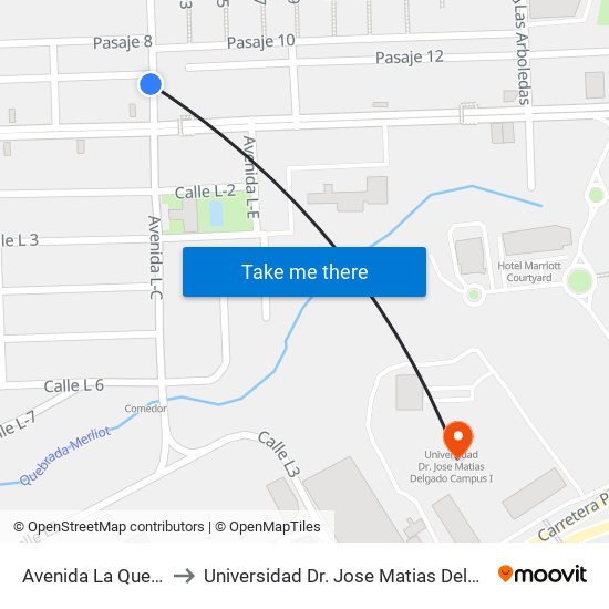 Avenida La Quebradora to Universidad Dr. Jose Matias Delgado Campus I map