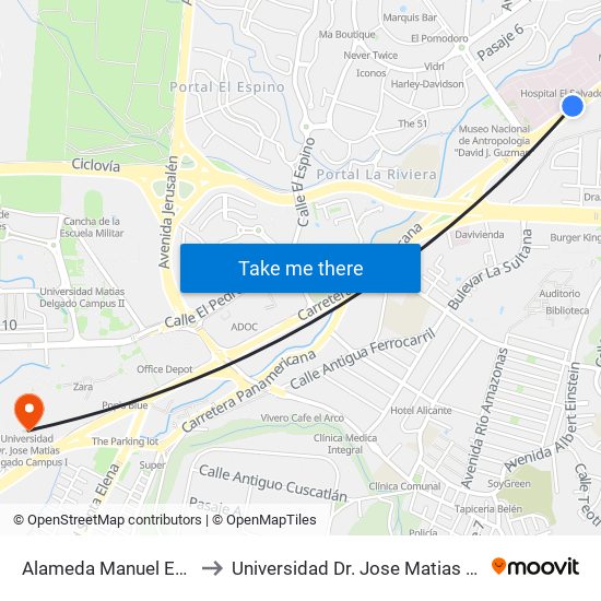 Alameda Manuel Enrique Araujo to Universidad Dr. Jose Matias Delgado Campus I map