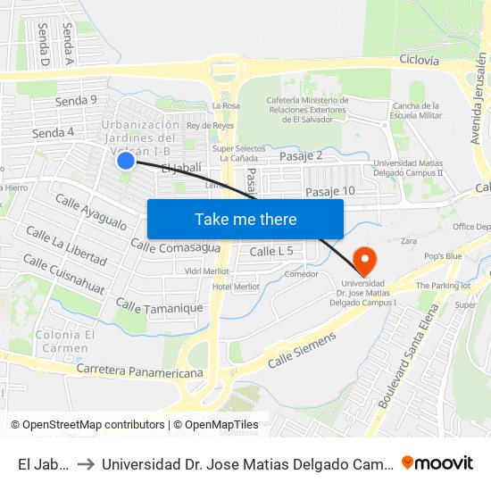 El Jabalí to Universidad Dr. Jose Matias Delgado Campus I map