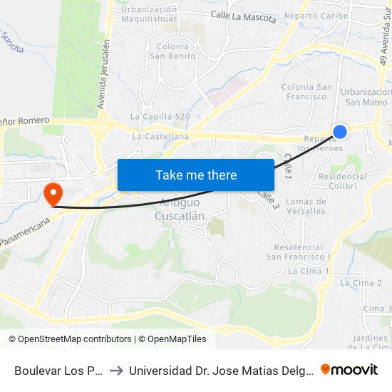 Boulevar Los Próceres to Universidad Dr. Jose Matias Delgado Campus I map