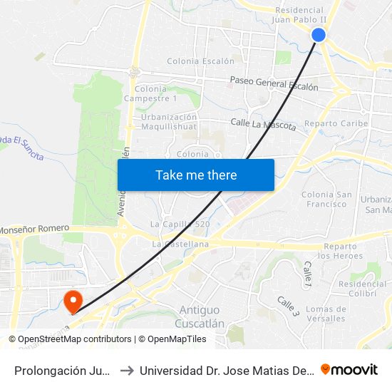 Prolongación Juan Pablo II to Universidad Dr. Jose Matias Delgado Campus I map