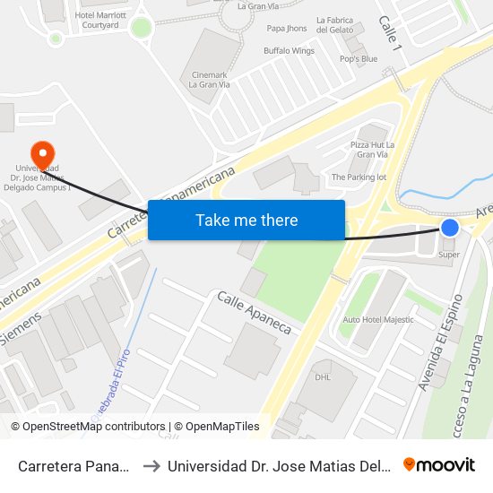 Carretera Panamericana to Universidad Dr. Jose Matias Delgado Campus I map