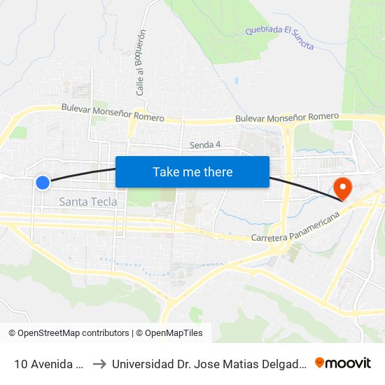 10 Avenida Norte to Universidad Dr. Jose Matias Delgado Campus I map