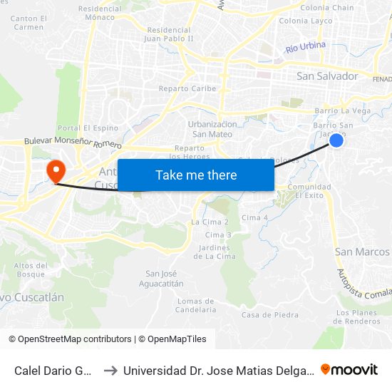 Calel Dario Gonzalez to Universidad Dr. Jose Matias Delgado Campus I map